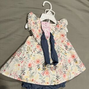 3 pc Floral Print Baby Dress with Blue Bloomers and headband